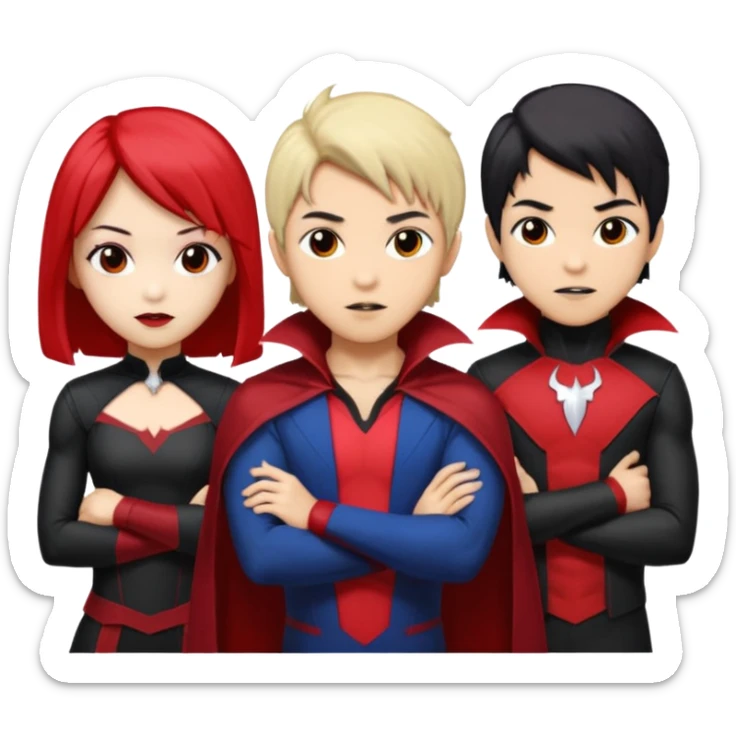 Solo poly platonic relationship, one is south African girl, one is Asian boy, one is biracial features Asian tomboy girl with anime short hair with long hair, vampire and marvel cosplay elements inspired. Could we can less human skin seems so it does not seem racist or something, use marvel colours  sticker