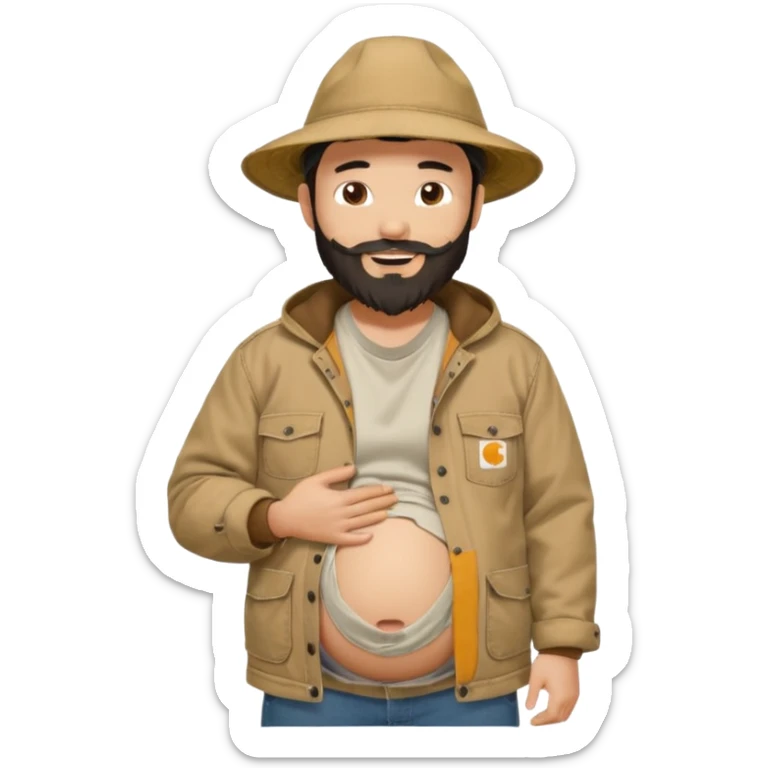 Bearded man rubbing pregnant belly poking out of shirt wearing a tan canvas carhartt jacket with a stereotypical large chinese hat on and buck teeth sticker