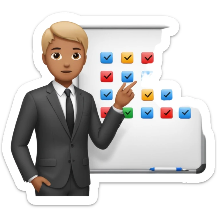 Create a realistic emoji of a person making some decisions in front of a grounp while standing in a office. the team is sitting while the leader stands next to a white board sticker