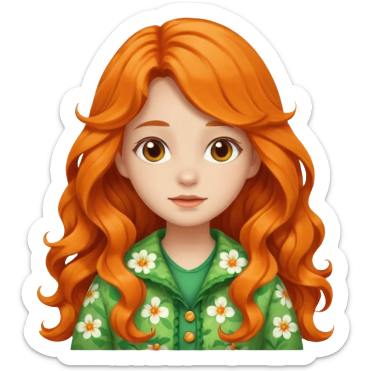 orange wavy long hair girl with wearing green cottage core flowery clothes sticker