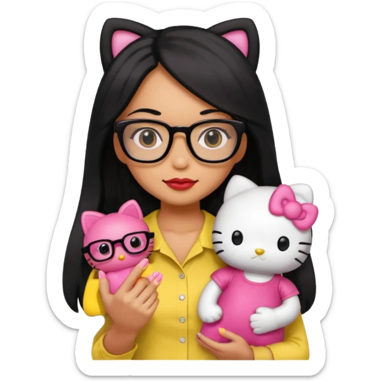 Nails cute with hello kitty wear glasses black long  hair, woman wear yellow shirt , red nails , big hello kitty doll sticker
