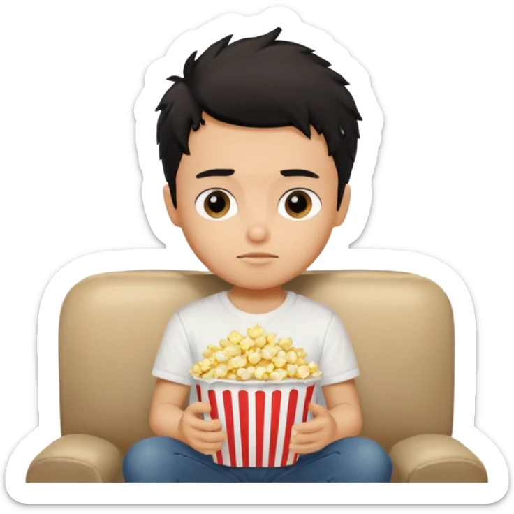 generate a pretty tan bratz boy with black messy hair eating popcorn and watching tv, wearing white tshirt sticker