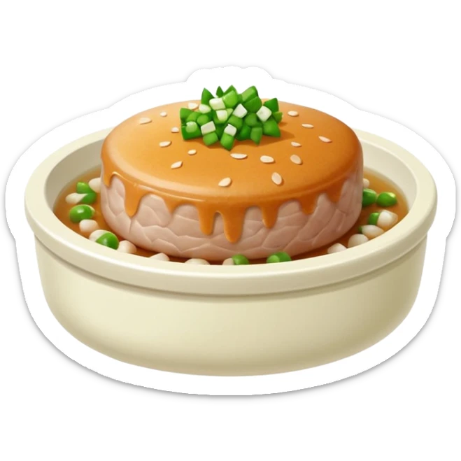 Emoji of a Chinese steamed pork patty in a small dish, topped with chopped scallions, soft texture, minimal style. sticker