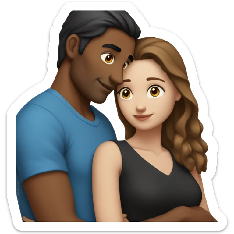 Couple embracing with arms around each other; white woman with blue eyes and brown hair, Indian man with black hair  sticker