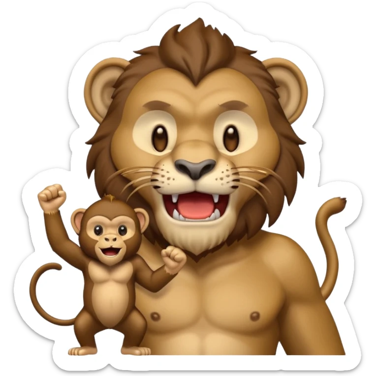 Roaring lion facing a calm monkey in who has his fist on his chin smiling sticker