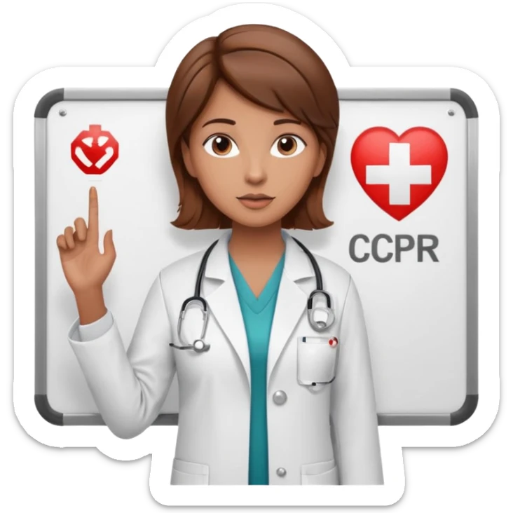 Teacher, female, brown hair up, holding a pointer to a white board with a CPR logo. sticker