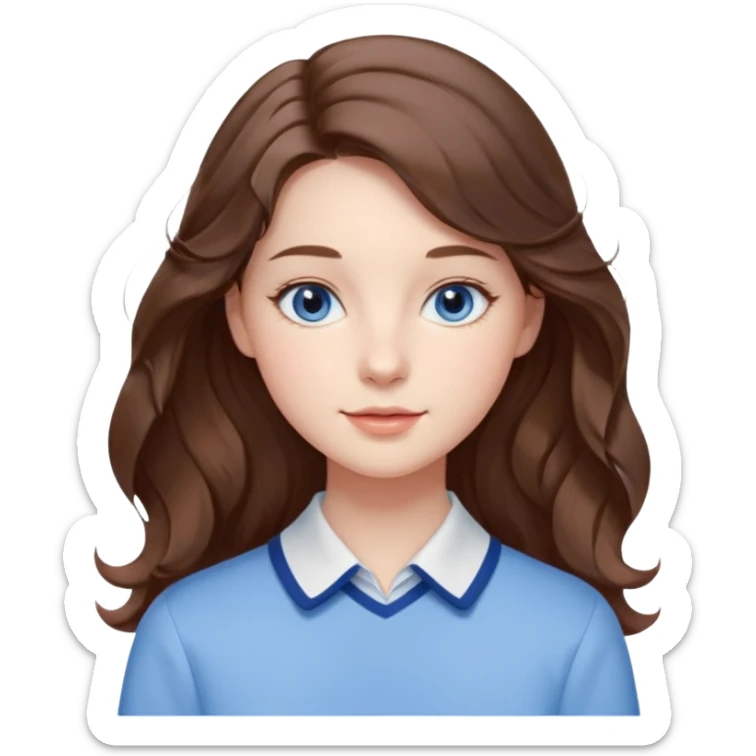 Realistic Student Portrait, with porcelain-like skin featuring a natural rosy flush, illuminated by soft lighting that highlights the gentle contours of her face. Her Brunette hair flows in soft, Her deep blue eyes radiate warmth and innocence,  wear light blue preppy style. sticker