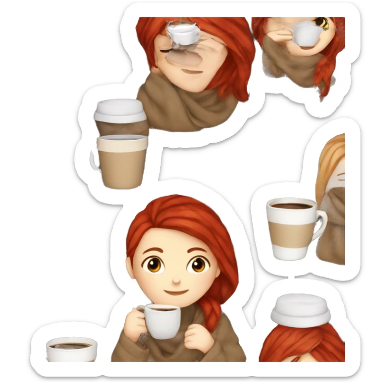 white girl red hair wrapped in cozy plaid blanket drinking a coffee sticker