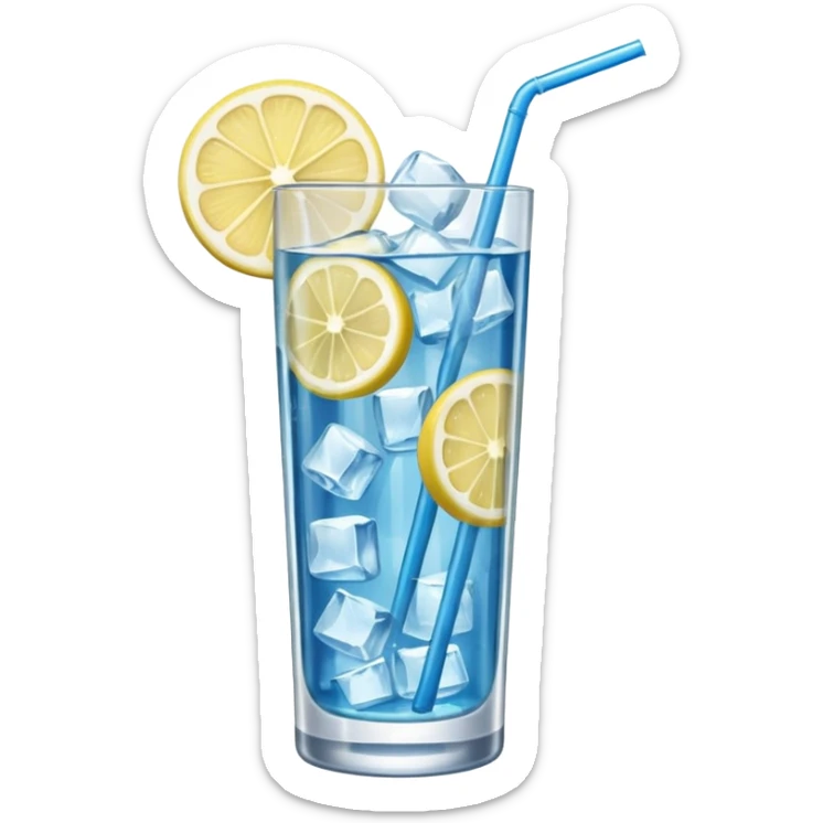 A tall glass of blue lagoon with lemon slices, ice cubes, and a curved straw.
 sticker