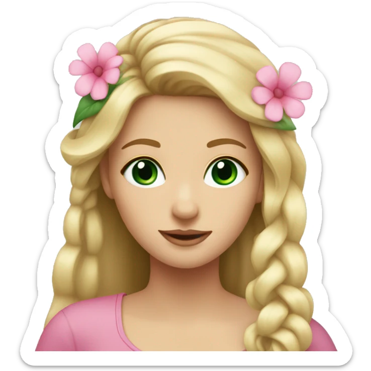 Young woman, long blond hair, dark green eyes and a pink flower in her hair  sticker