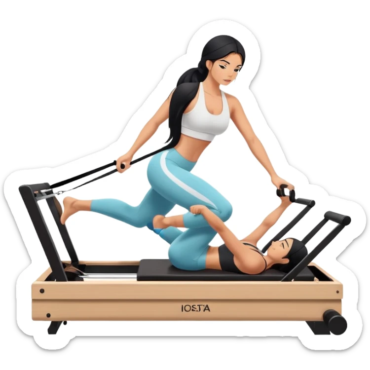 woman with tanned skin, long black hair, wearing a sports bra, doing Pilates on a reformer machine sticker