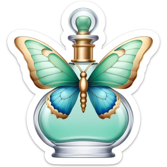 A delicate butterfly with pastel green and blue wings resting on a vintage glass perfume bottle with golden details. sticker