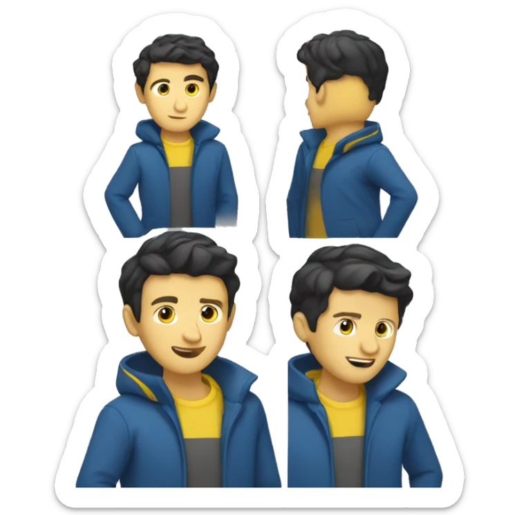 HALF BODY CAUCASIAN GUY WITH SOFT BLACK SHORT HAIR WITH BLUE COAT AND YELLOW INNER SHIRT SHOWING HIS DANCE MOVES sticker