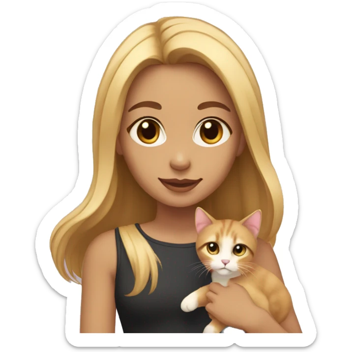 Girl with blonde shoulder-length hair and dark eyes and light brown skin holding kitten cat sticker