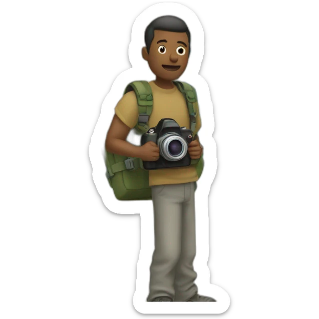 a drawn man stands against the background of a world map and holds a camera in his hands sticker