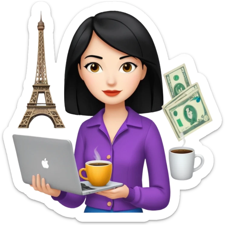  woman character with laptop and coffee in Paris, dollars coming out from the screen floating, colorful chic outfit, white laptop, Pixar style, black hair, fair skin,  sticker
