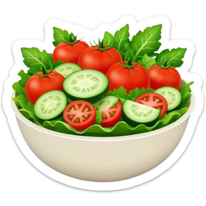 Salads avatar in clean emoji-style illustration. Fresh salad bowl with greens, tomatoes, cucumber, bright green tones, simple shapes, flat design, high contrast, light and healthy. sticker