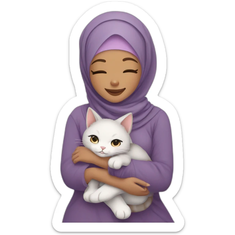 Hijab girl light brown skin purple hijab smiling hugging her cute grey and white cat  sticker