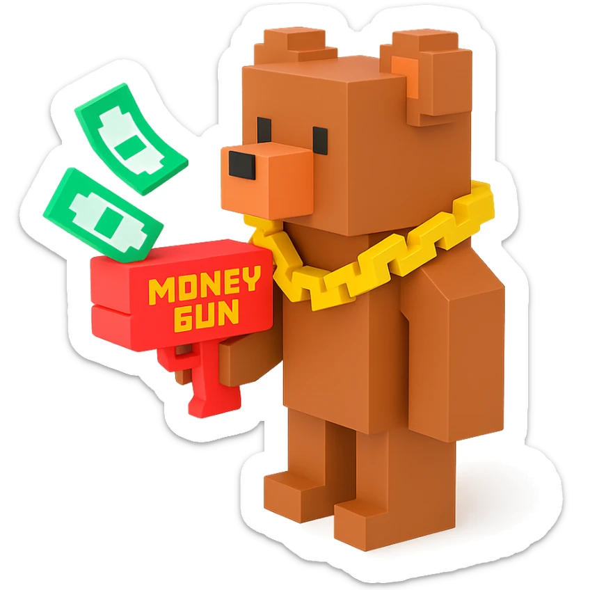 A grizzly bear with a chain and a money gun, voxel style, facing left sticker