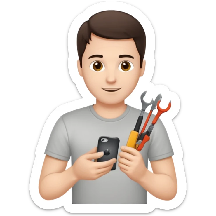 make a white guy with dark brown hair, with a simple white o grey shirt, repairing an iphone happy, tecnician with small real tools for phone sticker