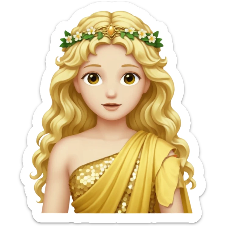 Flora, Goddess of Flowers from Roman Deities with long golden blonde wavy hair, pale yellow sequin toga  sticker