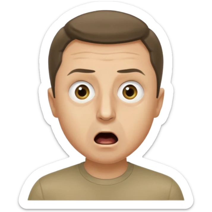 generate an emoji of Vladimir Zelensky in a khaki T-shirt. the emotion of intense surprise from fear. 4 different options sticker