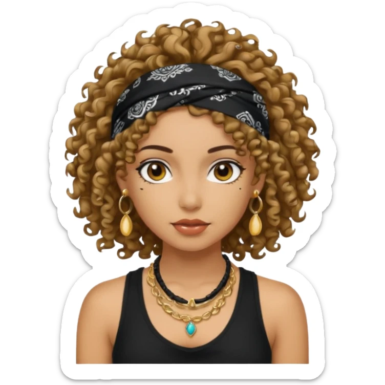 Baddie girl with black  tank top curly hairss and bandana and jwellery sticker