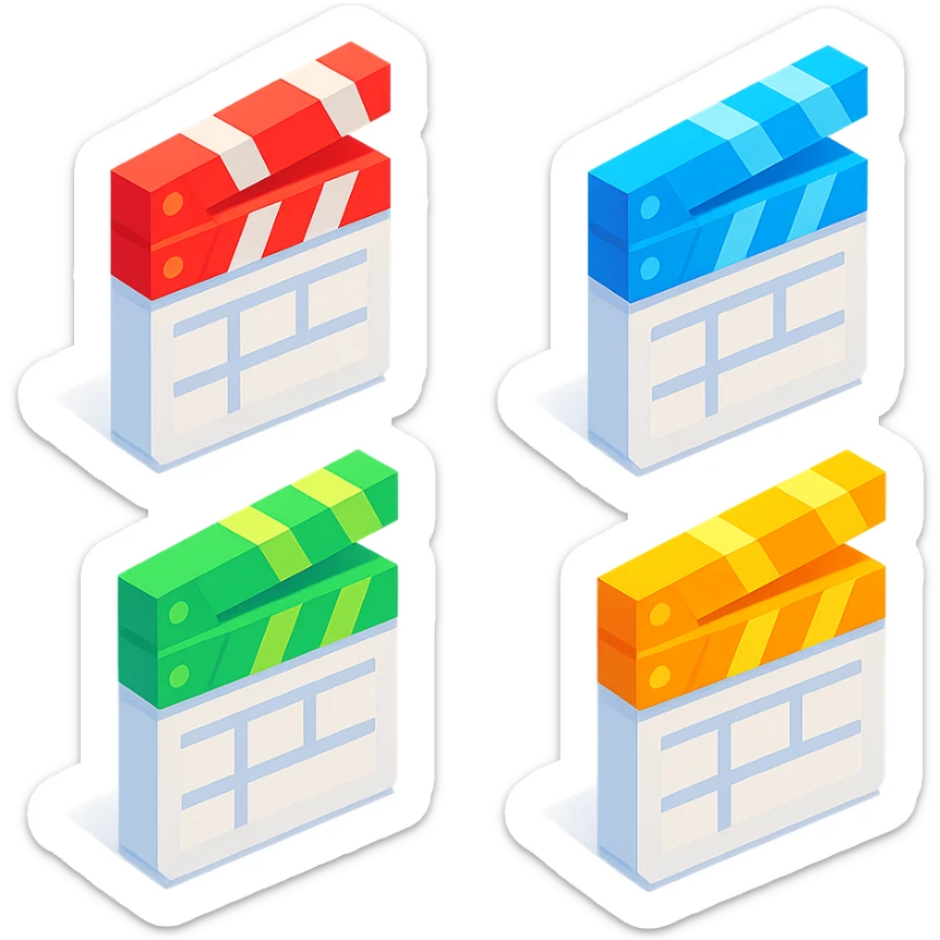 isometric view group of movie clapperboards in voxel style, white bodies with each lid a different bright color sticker