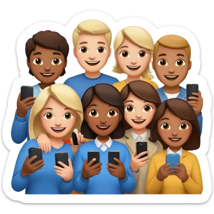 a crowd of people with happy faces and holding phone sticker