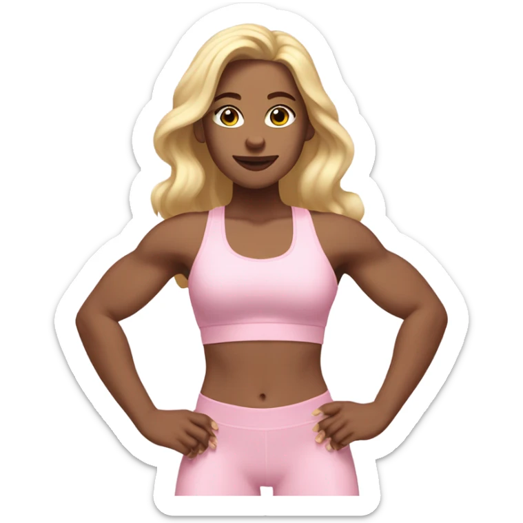 Woman, white skin, light skin, long hair, blonde hair, wavy hair, baby pink sports bra, baby pink leggings, flexing one arm sticker
