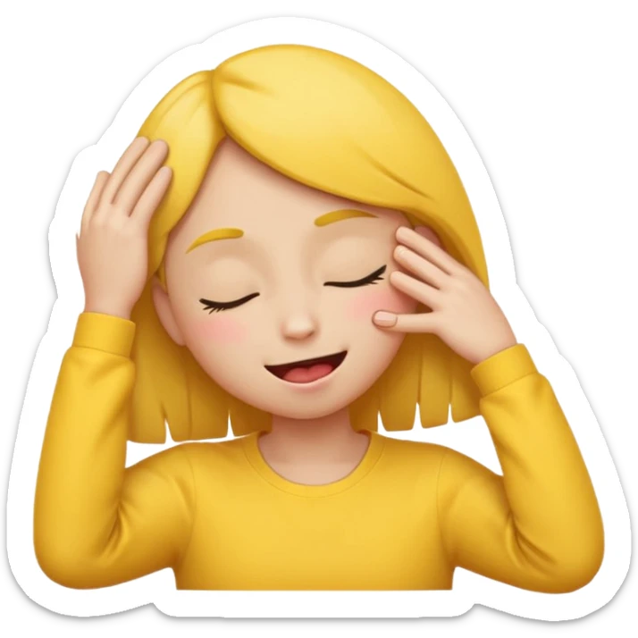 Yellow emoji closed eyes, smiling tongue out, hand on side of face pushing hair back into ear sticker