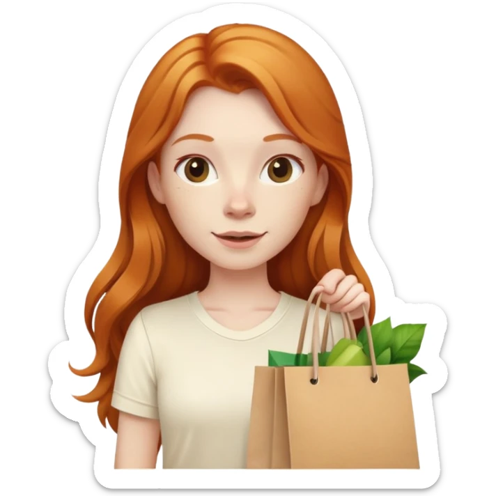 Beautiful Shopping ginger girl long hair holding bags cream shirt sticker