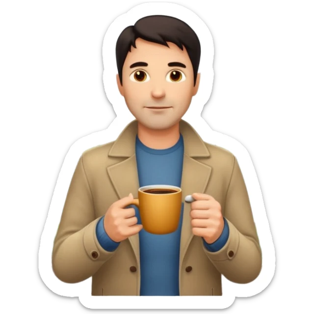 A handsome 45 year old white man with dark hair in a very foggy park with a city view drinking a cup of coffee sticker