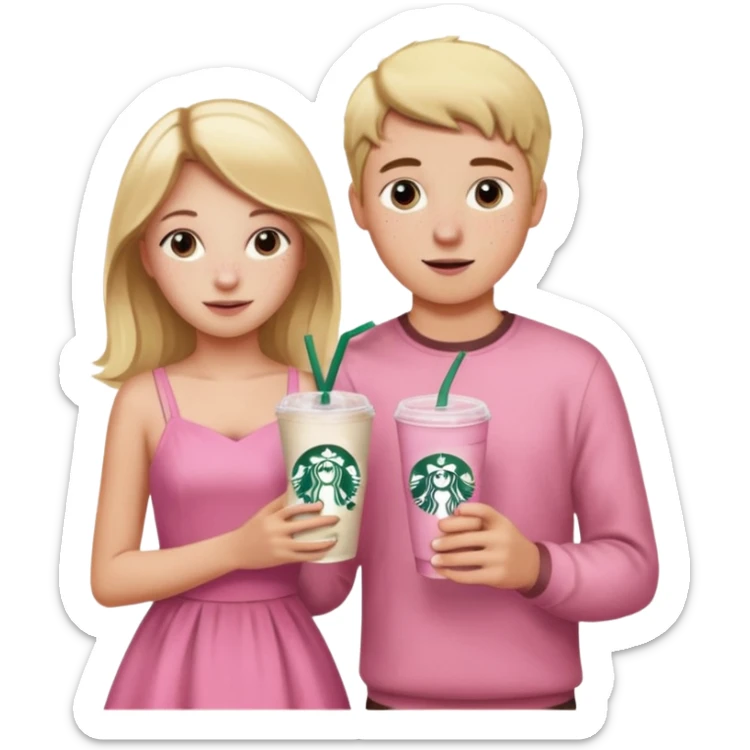 teenager girl and boy friend group blond w/ freckles long hair pink dress with starbucks sticker