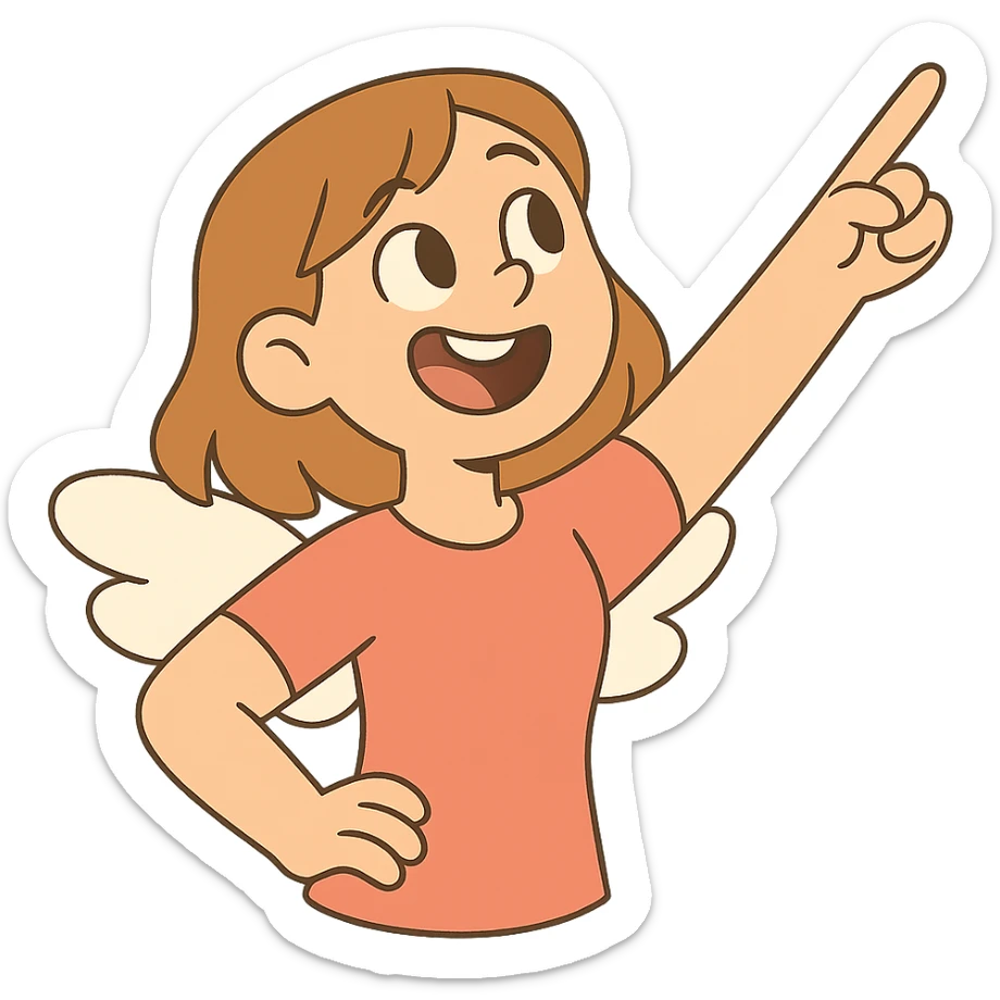 girl with light brown shoulder-length hair and white wings joyfully pointing to the sky sticker