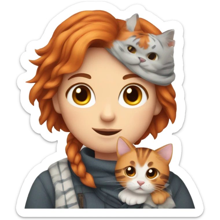 A Scottish cat with a tiger gray color, a red-haired girl in her arms sticker