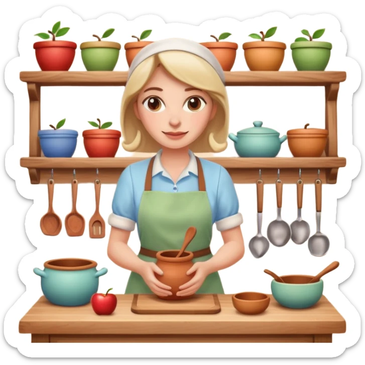 cartoon Apple iOS emoji style woman, pastel colors, Chilean wooden kitchen background, clay pots, warm light, detailed and clean vector art sticker