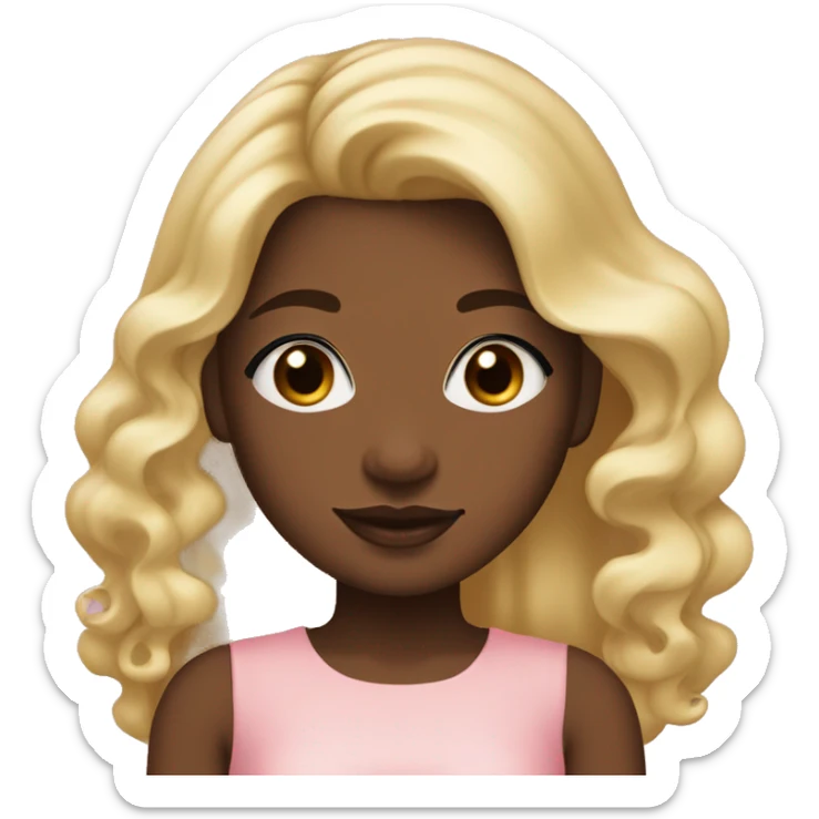 The face of a girl with dark skin and blonde long hair, the ends of her hair curl into curls,a small nose,plump lips,long eyelashes, brown eyes, she is wearing a delicate pink silk dress sticker