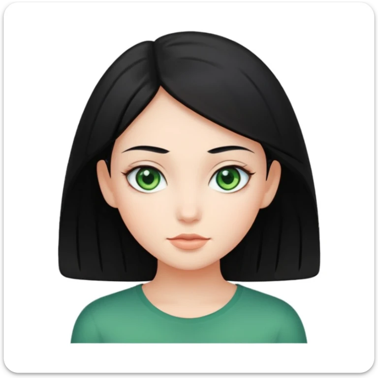 girl with black hair and green eyes, iOS app icon style, soft gradients, rounded corners, white background sticker