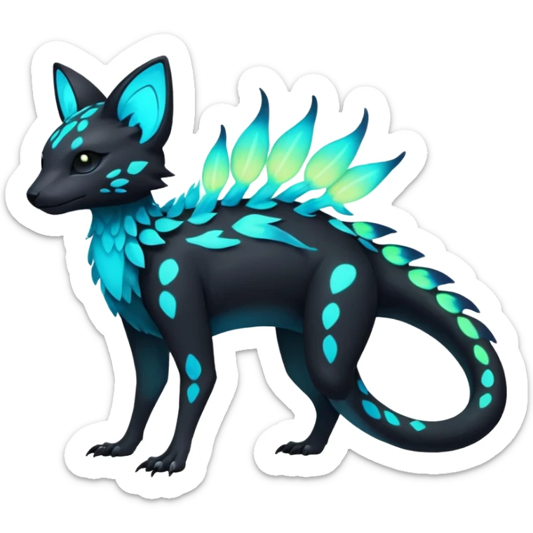 Rare realistic dark-neon glowing bioluminescent edgy badass epic pretty beautiful handsome gorgeous aesthetic colorful vibrant Vernid-Trico-species-Fakemon-creature by LiLaiRa, 4 legs, 1 tail, random markings, (full body) sticker