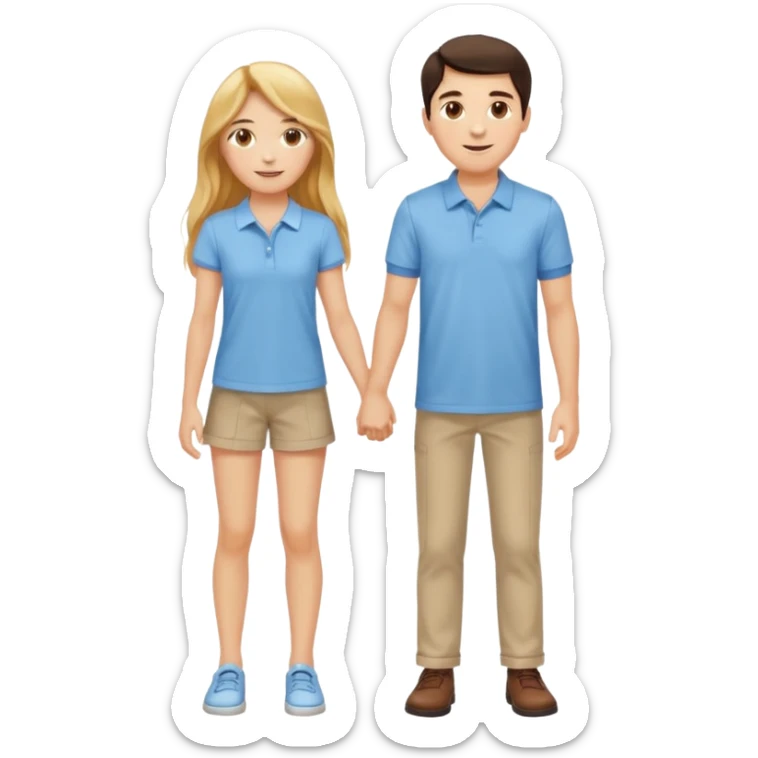 full-length happy couple, girl with long golden hair and hazel eyes in summer outfit, boy with dark hair in light blue polo sticker