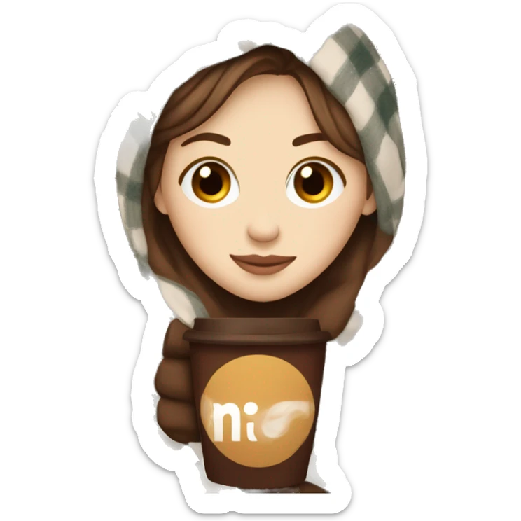 white girl short brown hair wrapped in cozy plaid blanket with coffee sticker