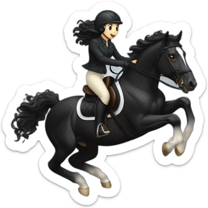 a  JET BLACK HORSE JUMPING AN OBTACLE, tHE HORSES RIDER IS A YOUNG FEMALE WITH LONG CURLY BRUNNET HAIR sticker