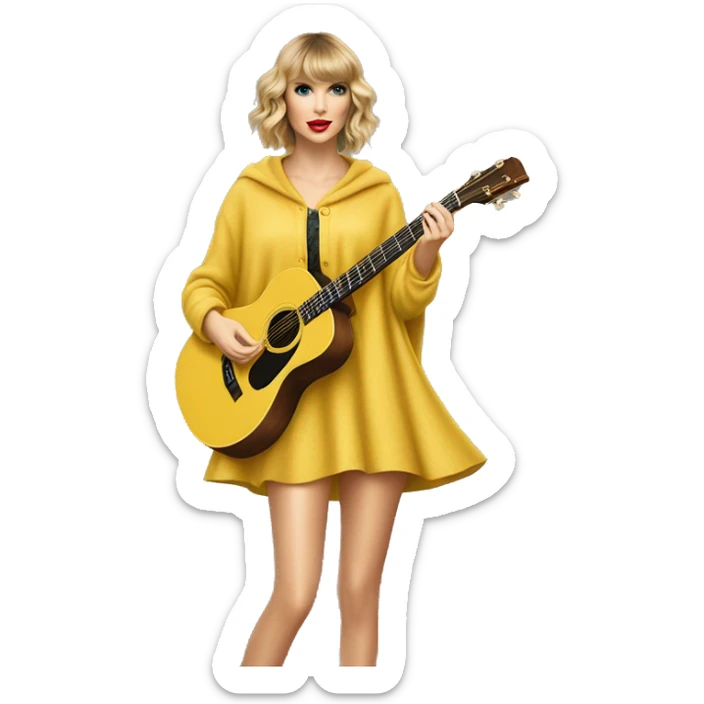 taylor swift playing cardigan on top of the cardigan house at the eras tour wearing a yellow cloak dress sticker