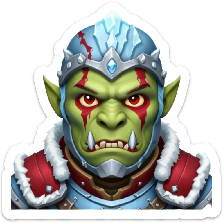 
Fantasy Christmas orc legion soldier icon, iron tundra army theme, heavy winter armor, disciplined brutal look, icy blue steel armor with deep crimson accents, frozen metal texture, cold winter atmosphere, male variant sticker