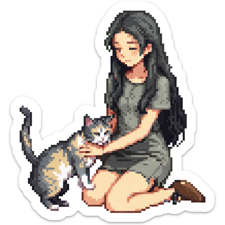 beautiful girl with long black hair standing petting a gray and blonde mixed cat rubbing against her leg, pixel art style sticker
