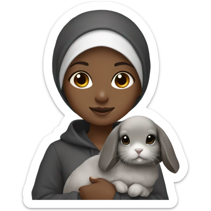 Black Muslim girl holding her cute gray holland lop sticker