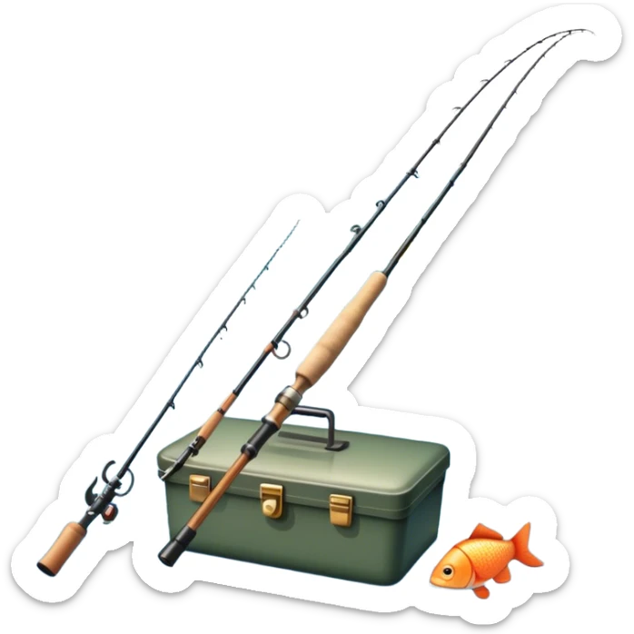 Icon for Fishing: a fishing rod with a line in the water, a tackle box, a fish on the hook, and a peaceful lake or river background. The icon should capture the calm and skill of fishing. Transparent background. sticker