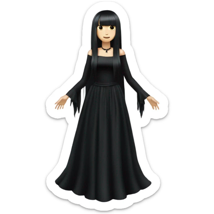  one single goth women full body, wearing long big bell arms, black dress, long hair with bangs, white skin, dark hair,  sticker