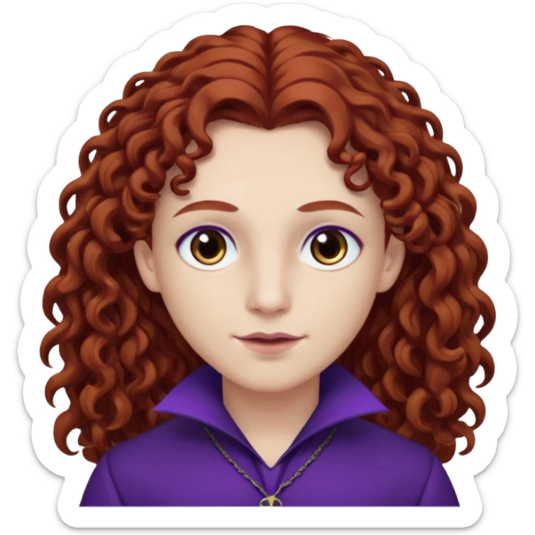 Armand with white skin, brown eyes , long auburn curly hair, dark purple outfit sticker